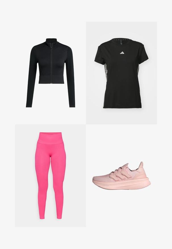 Mustad must tegumant on lühike, lukuga jope, keha lähedane disain, pikad varrukad, valmistatud sujuvast ja venivast kangast, millel on kõrge kaelus ja minimalistlik logo detail.; Must musta t-särk lühikeste varrukatega, valmistatud sünteetilisest materjalist. Ees on väike valge logo ja külgedel valged triibud.; Ribadega roosa retuusid kõrge vöökohtaga, mis sobivad tihedalt ja omavad sujuvat tekstuuri. Disain rõhutab sale olevat siluetti.; Roosa spordijalatsid, millel on kudumine pealmine osa, kolm triipu disainis ja paks pehme tallaga, millel on silt "Light Boost". Pealispinna tekstuur.