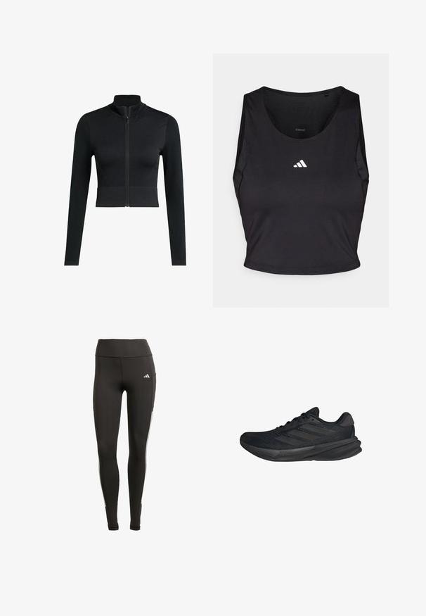 Schwarze, cropped Zip-Jacke, enganliegendes Design, lange Ärmel, aus glattem, elastischem Stoff, mit hohem Kragen und minimalistischen Logodetails.; Schwarzes Sport-Crop-Top aus feuchtigkeitsableitendem Material, mit rundem Halsausschnitt, ärmellosem Design und weißem Logo auf der Brust.; Schwarze Leggings aus dehnbarem Stoff, mit einem hohen Bund, weißen Seitestreifen und einer Seitentasche zur praktischen Nutzung.; Schwarze Sportschuhe mit einem Obermaterial aus Mesh, stromlinienförmiger Form, flacher Sohle und drei diagonalen Streifen an der Seite. Leichtes Design für Komfort.