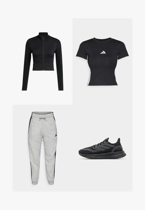 Svart cropped zip-up jakke, figursydd design, lange ermer, laget av glatt, elastisk stoff, med høy krage og minimalistisk logo-detaljering.; Svart t-skjorte med tettsittende passform laget av glatt stoff. Har korte ermer og hvitt adidas-logo på brystet. Hvite striper langs sidene.; Lys grå joggebukser med svarte sidestreker, elastisk midje og snor. Laget av mykt stoff med ribbede mansjetter ved anklene.; Svarte sportsko med mesh-overdel, teksturerte paneler, tre striper detaljer og en buet såle merket "LIGHT BOOST."