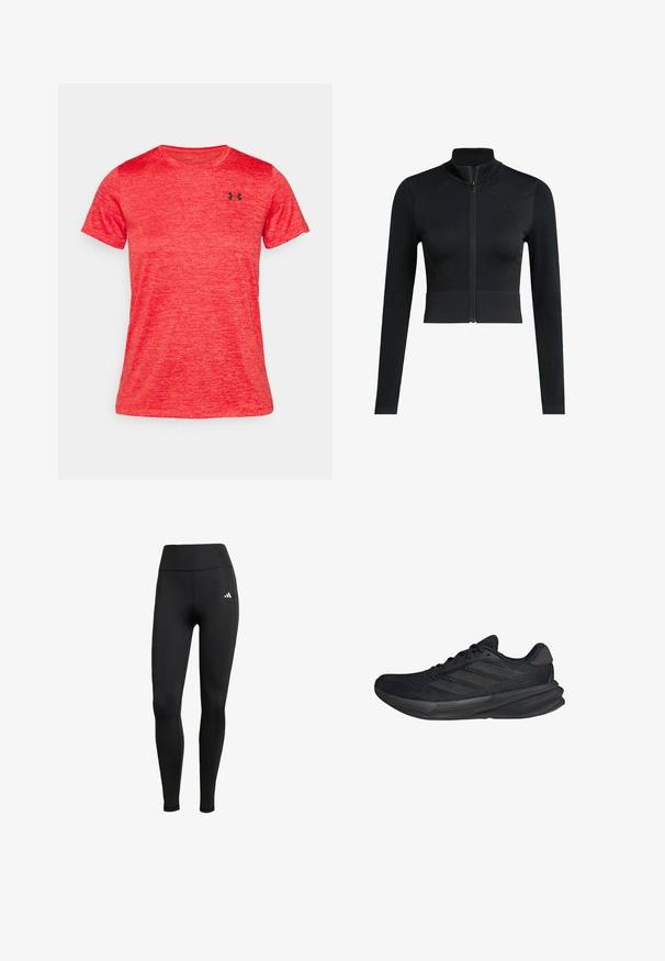 Chaqueta negra cortada con cremallera, diseño ajustado, mangas largas, hecha de una tela suave y elástica, con un cuello alto y detalles de logo minimalistas.; Under Armour TWIST - Camiseta deportiva - racer red/black; Leggings deportivos negros con una cintura alta. Fabricados con tejido elástico que presenta un detalle de logo blanco en la parte superior izquierda.; Zapatillas deportivas negras con parte superior de malla, forma aerodinámica, suela plana y tres rayas diagonales en el costado. Diseño ligero para mayor comodidad.