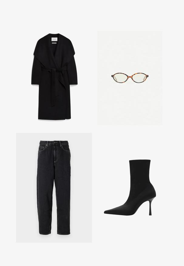 Černý obalový kabát vyrobený z měkké tkaniny, s šálovým límcem, krátkými rukávy a odpovídajícím pásem v pase. Čistý, minimalistický design.; Černý zkrácený kardigan z huňatého materiálu s kulatým výstřihem a dlouhými rukávy, se zapínáním na knoflíky.; Bílý krátký rukáv tričko vyrobené z bavlny. Má kulatý výstřih a volný střih. Hladký materiál bez viditelných vzorů nebo akcentů.; American Vintage YOPDAY - Džíny Relaxed Fit - black vintage; Černé kotníkové boty s špičatou špičkou, pružným textilním svrškem a elegantním vysokým jehlovým podpatkem. Hladká textura s minimalistickým designem.; Želvovinové brýle s oválnými čočkami a hladkým, jemným povrchem. Má tenké bočnice s jemným zakřivením v chrámcích. Čiré čočky.