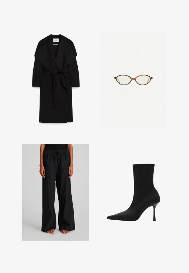 Schwarzer Wickelmantel aus weichem Stoff, mit einem Schalkragen, kurzen Ärmeln und einem passenden Gürtel in der Taille. Sauberes, minimalistisches Design.; Schwarze, verkürzte Strickjacke aus flauschigem Material mit Rundhalsausschnitt und langen Ärmeln, mit einer Knopfleiste vorne.; Weißes T-Shirt mit kurzen Ärmeln aus Baumwolle. Hat einen Rundhalsausschnitt und eine lockere Passform. Glatte Textur ohne sichtbare Muster oder Akzente.; Luftige, lockere schwarze Hosen aus leichtem Material. Sie verfügen über einen elastischen Bund mit Kordelzug und ein gerades, weites Bein-Design.; Schwarze Stiefelette mit spitzem Zehenbereich, elastischem Obermaterial und schlankem, hohen Stiletto-Absatz. Glatte Textur mit minimalistischen Design.; Schildpatt-Eyegläser mit ovalen Gläsern und einer eleganten, glatten Oberfläche. Mit dünnen Seiten und einer subtilen Kurve an den Schläfen. Klare Gläser.