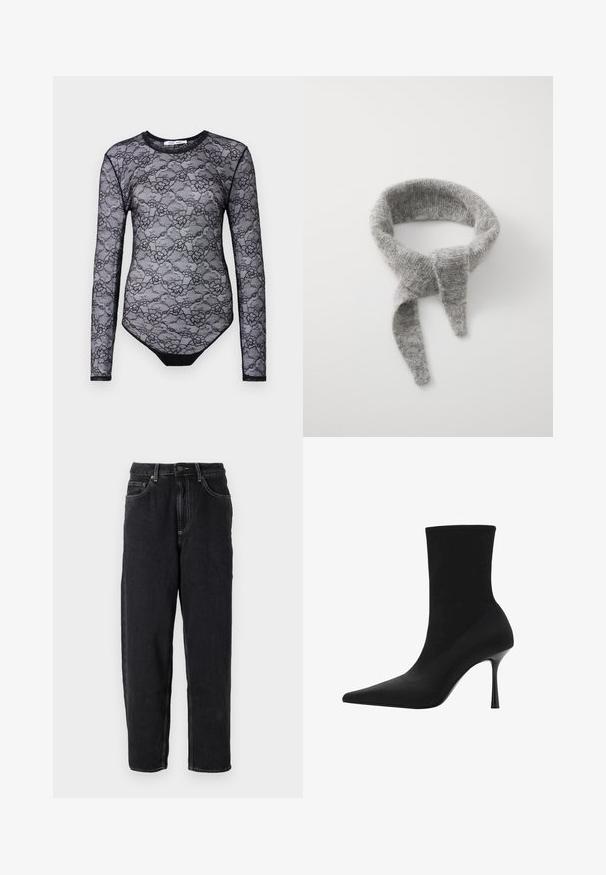 Čierny obalový kabát z jemnej tkaniny, s šálovým golierom, krátkymi rukávmi a zodpovedajúcim pásom v oblasti pása. Čistý, minimalistický dizajn.; Čierny, krátky kardigán vyrobený z česanej látky s okrúhlym výstrihom a dlhými rukávmi, s predným zapínaním na gombíky.; Čierny krajkový body s dlhými rukávmi, kvetinovým vzorom, okrúhlym výstrihom a jednofarebnou čiernou spodnou časťou. Priesvitná textúra a štíhly strih.; American Vintage YOPDAY - Džínsy voľného strihu - black vintage; Čierne členkové topánky s špicatou špičkou, elastickým textilným zvrškom a štíhlým vysokým stiletto podpätkom. Hladká textúra s minimalistickým dizajnom.; Samsøe Samsøe NOR - Šál - grey melange