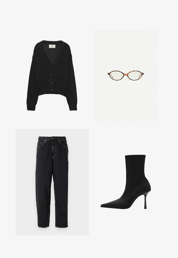 Černý obalový kabát vyrobený z měkké tkaniny, s šálovým límcem, krátkými rukávy a odpovídajícím pásem v pase. Čistý, minimalistický design.; Černý pletený cardigan s výstřihem do V, dlouhými rukávy a zkráceným lemem. Má zapínání na knoflíky a žebrované manžety. Texturovaná tkanina.; Bílý krátký rukáv tričko vyrobené z bavlny. Má kulatý výstřih a volný střih. Hladký materiál bez viditelných vzorů nebo akcentů.; American Vintage YOPDAY - Džíny Relaxed Fit - black vintage; Černé kotníkové boty s špičatou špičkou, pružným textilním svrškem a elegantním vysokým jehlovým podpatkem. Hladká textura s minimalistickým designem.; Želvovinové brýle s oválnými čočkami a hladkým, jemným povrchem. Má tenké bočnice s jemným zakřivením v chrámcích. Čiré čočky.