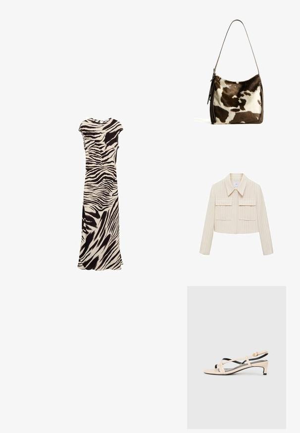 Skraćena jakna u krem boji s vertikalnim prugama, s šiljastim kragnom, dva prednja džepa i dugim rukavima. Glatka tekstura.; Maxi haljina s bež i crnim uzorkom zebre. Kratki rukavi, okrugli izrez i bočni prorez od glatkog materijala za lepršav siluetu.; Bež kožne sandale s remenčićima, križnim trakama, niskom potpeticom i crnim detaljima. Glatka tekstura i minimalistički dizajn.; Smeđa i krem torba preko ramena od kravljeg krzna sa glatkim kožnim remenom, zatvaranjem na patentni zatvarač i mekom, teksturiranom površinom koja sadrži prirodan uzorak.