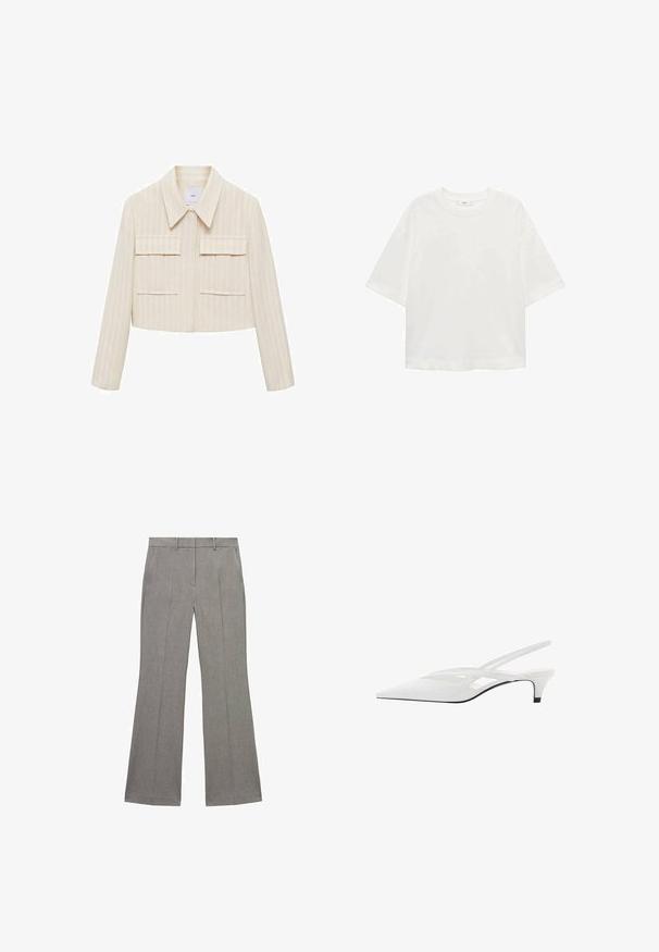Kratka jakna v kremni barvi z navpičnimi črtami, ki ima koničast ovratnik, dva sprednja žepa in dolge rokave. Gladka tekstura.; Bela kratka majica s kratkimi rokavi in okroglim izrezom, sproščenega kroja, narejena iz mehkega materiala. Brez vzorcev ali dodatkov, z običajnim robom.; Sivi razširjeni hlače iz strukturirane tkanine, z ravnim sprednjim delom, zankami za pas in udelanimi pregibi po dolžini hlačnic za elegantno izbiro.; Bela slingback peta z ošiljenim nosom, z gladkim zgornjim delom, subtilnimi izrezi in nizkim blok petkom. Črna podplat poudarja dizajn.