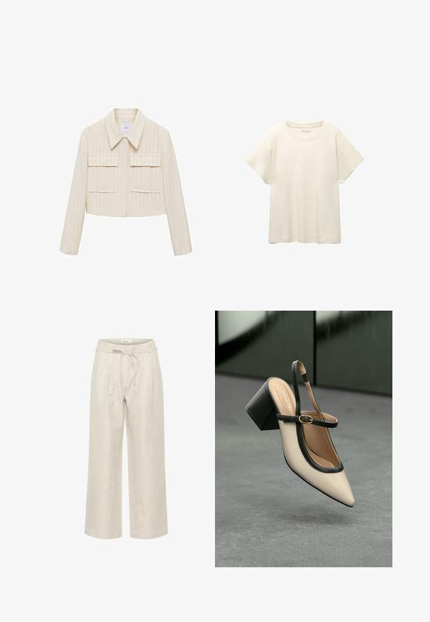 Kratší krémová bunda s vertikálními pruhy, vybavená špičatým límcem, dvěma předními nakládanými kapsami a dlouhými rukávy. Hladká struktura.; Svetle béžové tričko s krátkým rukávem a kulatým výstřihem, vyrobené z jemné, hladké tkaniny. Má uvolněný střih a rovný lem.; Béžové lněné kalhoty s širokými nohavicemi, které mají stahovací pás a přední sklady, s hladkou texturou a délkou po kotníky.; Beige boty s špičatou špičkou a otevřenou patou, černými detaily, zlatou přezkou a silným blokovým podpatkem, na šedé podlaze s tmavě zeleným pozadím.