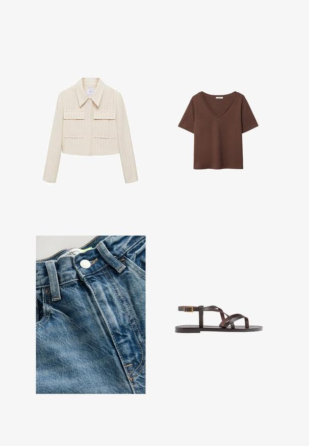 Krótką kurtkę w kolorze kremowym z pionowymi paskami, z zaostrzonym kołnierzem, dwoma przednimi kieszeniami naszytymi i długimi rękawami. Gładka tekstura.; Brązowy bawełniany t-shirt z krótkimi rękawami i głębokim dekoltem w kształcie litery V. Prosty design, miękka faktura i prosty krój u dołu. Brak wzorów i akcentów.; Jeans wykonane z denimu mają jasnoniebieski kolor z detalami w postaci przetarć. Pas posiada metalowy guzik i widoczne szwy wzdłuż szwów.; Brązowe skórzane sandały z krzyżującymi się paskami, zapięciem na klamrę przy kostce oraz płaską podeszwą z minimalnymi detalami szycia.