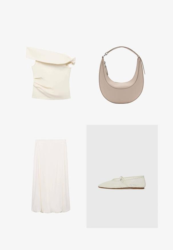Zkrátená bunda v krémovej farbe s vertikálnymi pruhmi, s vykrojeným golierom, dvoma prednými vreckami s nášivkou a dlhými rukávmi. Hladká textúra.; Asymetrický krémový top s jedným dlhým rukávom, uzlovým detailom na ramene, ľahkým materiálom a priliehavým strihom s jemnou textúrou.; Svetlomodrý top bez rukávov s imitovaným golierom, textúrovaným povrchom, rebrovaným dizajnom a volánmi okolo výstrihu a ramien.; Biela sukňa po kolená so splývavým dizajnom a jemnou textúrou. Jednoduchý štýl bez viditeľných vzorov alebo kovových detailov.; Krémové sieťové baletky s špicatou špičkou a nastaviteľným remienkom. Majú textúrovaný zvršok a plochú hnedú podrážku.; Béžová kožená taška cez rameno s polkruhovým tvarom, hladkou textúrou a jedným zakriveným uchom. Obsahuje zipsové uzatváranie a úhľadné švy.