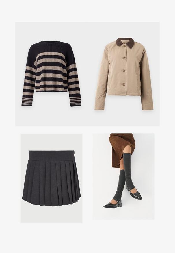 Casaco bege com colarinho de veludo cotelê castanho, fecho frontal com cinco botões, dois bolsos laterais e mangas longas. Textura de tecido suave.; Sweater de malha com listras horizontais azuis e bejes, textura canelada, decote redondo e mangas longas com detalhes listrados nos punhos.; Saia cinza plissada com uma cintura lisa e fecho de zíper, feita de um tecido texturizado, apresentando pregas profundas distribuídas uniformemente.; Sapatos pretos de pele lacada com biqueira pontuda, salto bloco e tiras no tornozelo, combinados com caneleiras cinzas em malha e uma saia de camurça castanha.