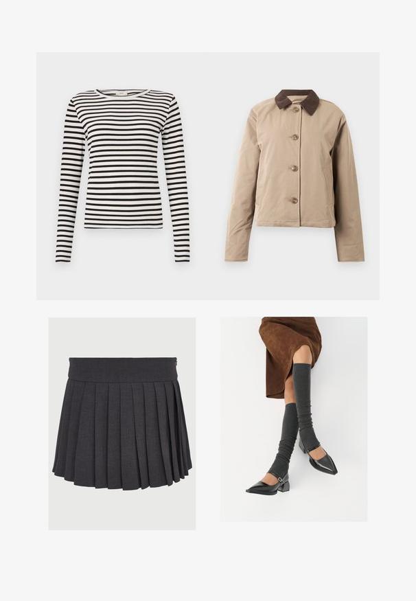 Casaco bege com colarinho de veludo cotelê castanho, fecho frontal com cinco botões, dois bolsos laterais e mangas longas. Textura de tecido suave.; Camisa de manga longa às riscas preto e branco com decote redondo e textura canelada ajustada. Largura das riscas equilibrada em todo o tecido.; Saia cinza plissada com uma cintura lisa e fecho de zíper, feita de um tecido texturizado, apresentando pregas profundas distribuídas uniformemente.; Sapatos pretos de pele lacada com biqueira pontuda, salto bloco e tiras no tornozelo, combinados com caneleiras cinzas em malha e uma saia de camurça castanha.