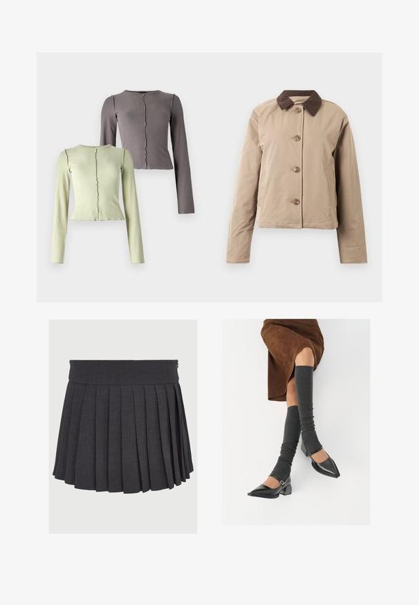 Beige jas met een bruin corduroy kraag, sluiting met vijf knopen aan de voorkant, twee zijzakken en lange mouwen. Glad stoftextuur.; Set van twee langslavige, geribbelde tops in lichtgroen en donkergrijs. Beide hebben een ronde halslijn en een subtiele golvende zoomafwerking.; Grijze geplooide rok met een platte tailleband en ritssluiting, gemaakt van een gestructureerde stof, met gelijkmatig verdeelde diepe plooien.; Zwarte gepatineerde leren pumps met een puntige neus, een blokhak en een enkelbandje, gecombineerd met grijze geribde beenwarmers en een bruine suède rok.