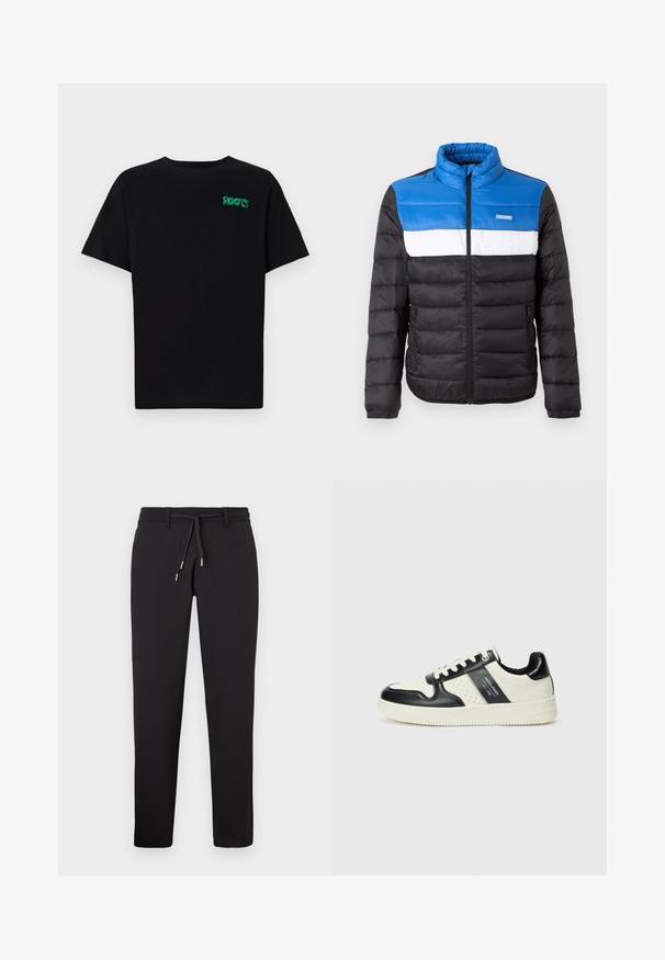 Casaco acolchoado com um design em blocos de cores azul, branco e preto, colarinho alto, fecho frontal e bolsos laterais com fechos de correr.; T-shirt preta feita de algodão com mangas curtas. Apresenta um logótipo verde "ROOTS" na frente, gola redonda e corte standard.; Calças pretas com um cós elástico ajustável, design ajustado, textura suave e detalhes em metal. Sem bolsos visíveis.; Ténis de couro com um esquema de cores em preto e creme, apresentando detalhes perfurados, um colarinho acolchoado e uma sola texturizada.