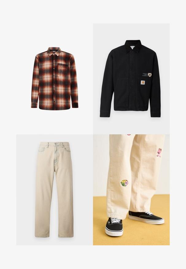 Sort canvasjakke med krave og to forlommer. Har et hjerteformet design og et mærke på den nederste lomme.; Rød og sortternet flannel skjorte med knap-agtig krave, lange ærmer og en brystlomme. Blød tekstur og ternet mønster.; Beige bomuldsdenim jeans med lige ben, fem lommer, bæltestropper og en lynlåsgylpter. Let falmede tekstur og kontraststing.; Beige bomuldsbukser med legende broderede designs, herunder en lyserød karakter og farvede blokke, parret med sorte snørebåndssneakers.