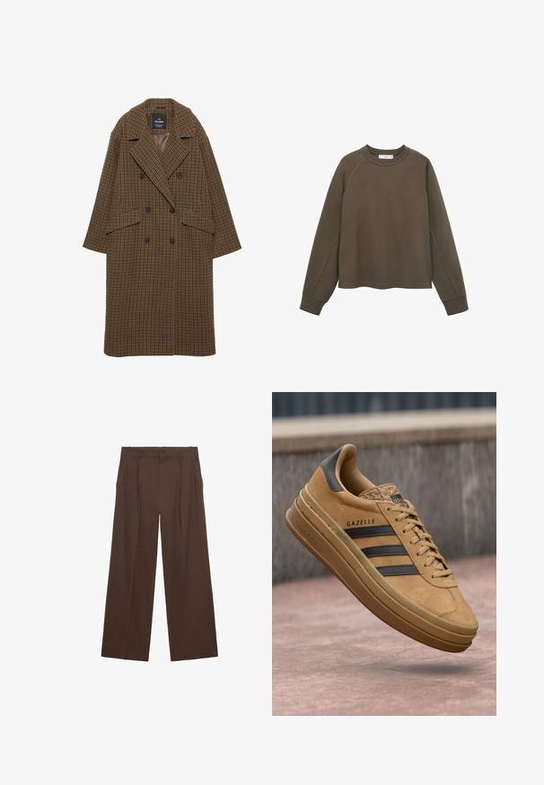 Kaput s uzorkom od smešnih i crnih kvadrata, dvostruko zakopčavanje, veliki reveri, dva prednja džepa i dugmad sa glatkom unutarnjom podstavom.; Maslinasto zeleni dukserica s okruglim izrezom, raglan rukavima i skraćenim rubom. Izrađena od mekanog materijala s glatkom teksturom.; Smeđe široke hlače napravljene od glatkog materijala, sa visokim strukom, prednjim nabiranjima i dva bočna džepa.; Smeđe nubuk tenisice s glatkom teksturom, s tri tamne pruge, zaobljenim vrhom i debljom potplatom s uzorkom na rubu.