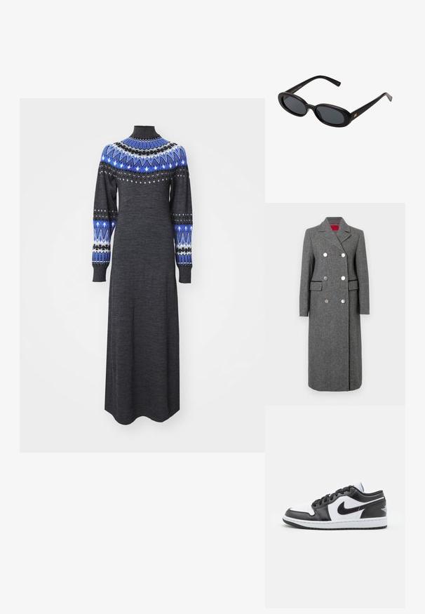 Pelēks vilnas samaisa mētelis ar piegulošu piegriezumu, divrindu dizainu, lieliem sudrabainiem podziņām un sānu kabatām. Gluda tekstūra ar klasisku apkakli.; Garšs, tumši pelēks kleita ar augstu apkakli, kurai ir sarežģīti zili un baltas rakstotas piedurknes un pieguļošs korsets, kurš pakāpeniski pāriet brīvā apakšmalē.; Melnbalti Nike zemāko sporta apavu modeļi ir ar gludu ādas virsu, apaļu purngalu, saistošo aizdari un rakstainu gumijas zoli.; Melnu pārspīlēto saulesbrilles ar ovālām lēcām, gludu plastmasas rāmja un zelta akcentiem uz tempļiem. Tumšie lēcas nodrošina saules aizsardzību.