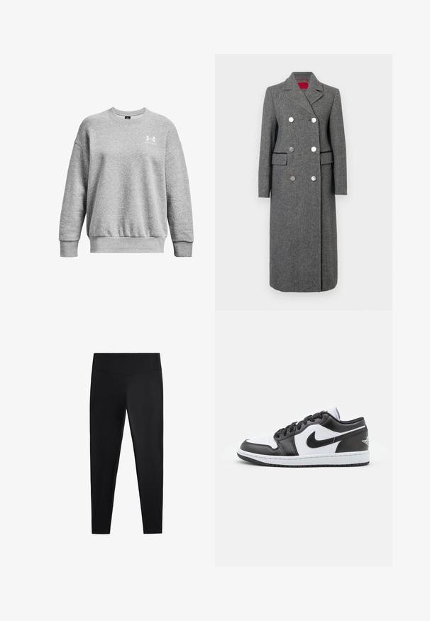 Grijze wolmix jas met een getailleerde pasvorm, dubbele knoopsluiting, grote zilveren knopen en zijzakken. Soepele textuur met een klassieke kraag.; Grijze sweatshirt gemaakt van zacht materiaal, met een ronde hals, verlaagde schouders, geribde manchetten en een klein wit logo op de linkerborst.; Zwarte leggings van gladde, rekbare stof. Voorzien van een brede tailleband en een taps toelopend pootdesign, geschikt voor actieve of casual kleding.; Zwart-witte Nike lage sneakers hebben een glad leren bovenwerk, een ronde neus, vetersluiting en een gestippelde rubberen zool.