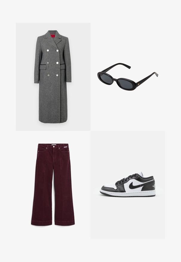 Grijze wolmix jas met een getailleerde pasvorm, dubbele knoopsluiting, grote zilveren knopen en zijzakken. Soepele textuur met een klassieke kraag.; Bruine geribde gebreide cape met een hoge kraag en een vloeiende silhouet, ontworpen zonder sluitingen, met een gestructureerd oppervlak.; Bordeaux corduroy wijde broek met een gladde textuur, voorzien van twee voorkzakken en een knoopsluiting. Afgewerkte onderkanten maken het ontwerp compleet.; Zwart-witte Nike lage sneakers hebben een glad leren bovenwerk, een ronde neus, vetersluiting en een gestippelde rubberen zool.; Zwarte oversized zonnebril met ovale lenzen, een glad plastic montuur en gouden accenten op de pootjes. Donkere lenzen bieden bescherming tegen de zon.