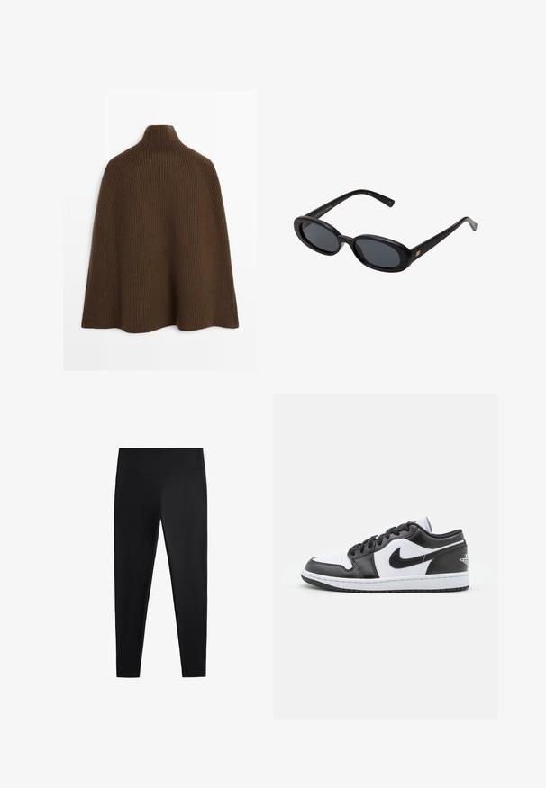 Cappotto in misto lana grigio con vestibilità su misura, design doppiopetto, grandi bottoni argento e tasche laterali. Tessuto liscio con colletto classico.; Cappa in maglia a coste marrone con colletto alto e silhouette fluida, progettata senza chiusure e caratterizzata da una superficie testurizzata.; Leggings neri realizzati in tessuto liscio e elasticizzato. Presentano una cintura larga e un design a gamba affusolata, adatti per un abbigliamento sia attivo che casual.; Le sneaker Nike a basso profilo in bianco e nero presentano una tomaia in pelle liscia, punta rotonda, chiusura con lacci e una suola in gomma con un motivo.; Occhiali da sole neri oversize con lenti ovali, montatura in plastica liscia e accenti dorati sulle tempie. Le lenti scure offrono protezione dal sole.
