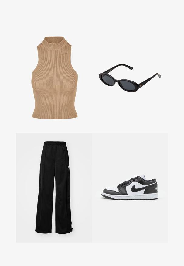 Abrigo de mezcla de lana gris con un corte entallado, diseño de doble botonadura, grandes botones plateados y bolsillos laterales. Textura suave con un cuello clásico.; Top sin mangas de punto acanalado en beige, con un alto cuello estilo mock y un diseño ajustado que enfatiza la textura y la silueta esbelta.; Pantalones de chándal negros de pierna ancha con cinturilla elástica, que cuentan con rayas laterales blancas y un pequeño logo en la cadera izquierda. Textura de tela suave.; Las zapatillas Nike de corte bajo en blanco y negro presentan un upper de cuero suave, puntera redonda, cierre con cordones y una suela de goma con patrón.; Gafas de sol grandes de color negro con lentes ovalados, montura de plástico suave y detalles dorados en las patillas. Los lentes oscuros ofrecen protección solar.