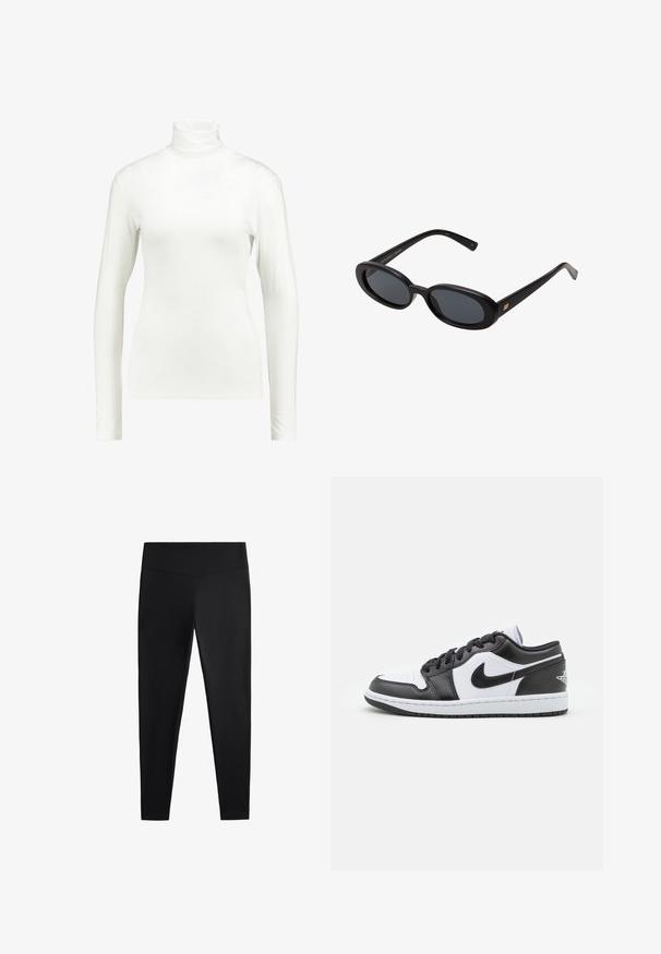 Grå ullblandad kappa med skräddarsydd passform, dubbelknäppt design, stora silverknappar och sidfickor. Slät textur med klassisk krage.; Kaffe YOKO ROLLNECK LS - Långärmad tröja - chalk; Svarta leggings av ett slätt, stretchigt tyg. Har en bred midja och design med avsmalnande ben, lämpliga för aktiv eller avslappnad användning.; Svarta och vita Nike låga sneakers har en slät läderöverdel, rund tå, snörning och en mönstrad gummisula.; Svarta överdimensionerade solglasögon med ovala linser, slät plastbåge och guldaccent på bågarna. Mörka linser ger solskydd.