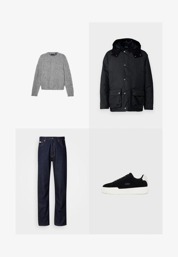 Barbour MODERN BEAUFORT JACKET - Übergangsjacke - navy; Grauer, langärmeliger Pullover aus flauschigem Material mit Rundhalsausschnitt und cropped Fit. Glatte Textur mit einem weichen, leichten Erscheinungsbild.; Dunkelblaue Denim-Jeans mit geradem Bein, ausgestattet mit einem Knopfverschluss, fünf Taschen und kontrastierenden Nähten.; Schwarze Low-Top-Sneaker mit weißer Sohle und Fersenkappe, Schnürung vorne und Calvin Klein-Logo an der Seite.