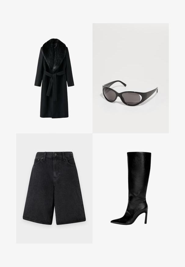 Schwarzer Mantel mit einem Kunstpelzkragen, langen Ärmeln, einem Bindegürtel auf Taillenhöhe und einer glatten Textur. Minimalistisches Design mit einer klassischen Silhouette.; Schwarzer Rollkragenpullover aus weichem Strickstoff. Verfügt über einen gerippten Saum, lange Ärmel und eine lässige Passform. Einfaches und vielseitiges Design.; Schwarze Denim-Shorts mit entspannter Passform, hoher Taille, fünf Taschen und Knopfverschluss vorne.; Knöchelhoher schwarzer Lederstiefel mit spitzem Zeh, hohem Stöckelabsatz, glatter Oberfläche und einem einfachen, eleganten Design ohne Verzierungen.; Schwarze Sonnenbrille mit ovalen Gläsern und einem eleganten Design. Die Rahmen sind glänzend und breit und verfügen über eine Aussparung an den Seiten.