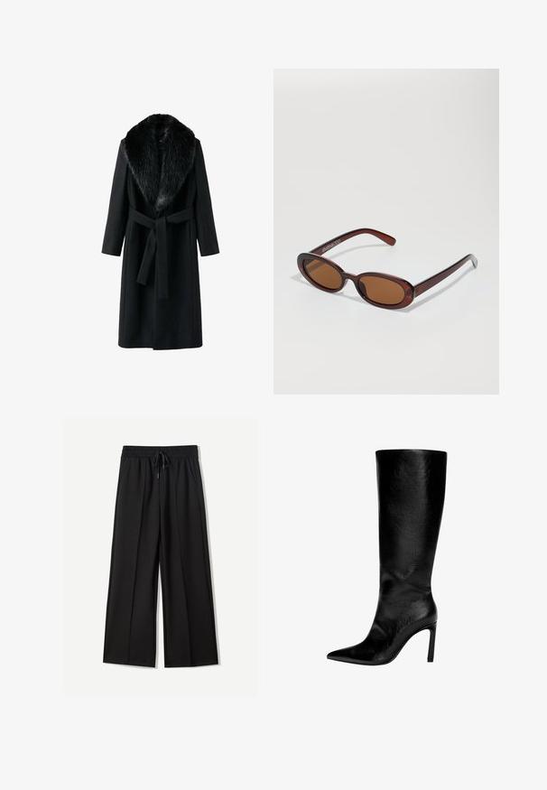 Cappotto nero con colletto in pelliccia sintetica, maniche lunghe, cintura in vita e una texture liscia. Design minimalista con una silhouette classica.; Maglione a collo alto nero realizzato in morbido tessuto a maglia. Caratterizzato da un orlo a coste, maniche lunghe e una vestibilità rilassata. Design semplice e versatile.; Pantaloni neri a gamba larga realizzati in tessuto morbido. Presentano una vita elasticizzata con cordoncino e due tasche laterali. Davanti piatto con pieghe.; Stivale in pelle nera fino al ginocchio con punta affusolata, tacco a spillo alto, finitura liscia e design semplice ed elegante senza decorazioni.; Occhiali da sole rotondi con tonalità marrone, montatura lucida color bordeaux. Aste sottili con un sottile dettaglio del marchio. Design delle lenti piatte.; Borsa a mano in pelle nera con forma strutturata, manici superiori, texture liscia, ferramenta color oro e chiusura frontale. Presenta il logo alla base.