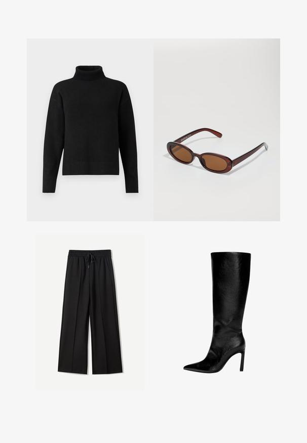 Czarny płaszcz z kołnierzem z sztucznego futra, długimi rękawami, paskiem w talii i gładką strukturą. Minimalistyczny design z klasyczną sylwetką.; Czarny sweter z golfem wykonany z miękkiej dzianiny. Posiada ściągacz na dole, długie rękawy i luźny krój. Prosty i uniwersalny design.; Czarne spodnie szerokie w nogawkach, wykonane z miękkiego materiału. Posiadają elastyczny pas z możliwością regulacji oraz dwie boczne kieszenie. Gładki przód z zakładkami.; Czarna skórzana kozaczka za kolano z ostrym noskiem, wysokim obcasem typu stiletto, gładkim wykończeniem i prostym, eleganckim designem bez ozdób.; Okrągłe, brązowe okulary przeciwsłoneczne z błyszczącą bordową oprawą. Cienkie ramiona z subtelnym detalem marki. Płaski kształt soczewek.; Czarna skórzana torebka o usztywnionym kształcie, z uchwytami u góry, gładką teksturą, złotymi elementami oraz przednim zapięciem. Na podstawie znajduje się logo marki.