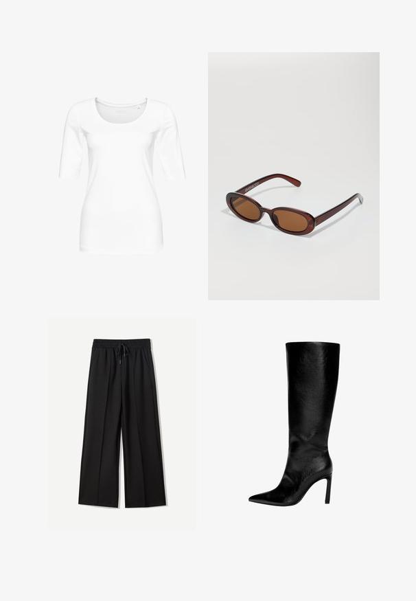 Schwarzer Mantel mit einem Kunstpelzkragen, langen Ärmeln, einem Bindegürtel auf Taillenhöhe und einer glatten Textur. Minimalistisches Design mit einer klassischen Silhouette.; Weißes, eng anliegendes T-Shirt aus weicher Baumwolle mit einem runden Halsauschnitt und Dreiviertelärmeln. Glatte Textur, keine sichtbaren Muster oder Akzente.; Schwarze weite Hosen aus weichem Stoff. Mit einem elastischen Bund mit Kordelzug und zwei seitlichen Taschen. Flacher Vorderteil mit Falten.; Knöchelhoher schwarzer Lederstiefel mit spitzem Zeh, hohem Stöckelabsatz, glatter Oberfläche und einem einfachen, eleganten Design ohne Verzierungen.; Runde, braun getönte Sonnenbrillen mit einem glänzenden burgunderfarbenen Rahmen. Schlanke Bügel mit dezentem Branding. Flaches Linsendesign.; Schwarze Lederhandtasche mit strukturierter Form, oberen Griffen, glatter Textur, goldfarbener Hardware und einem vorderen Verschluss. Am unteren Rand ist eine Markenprägung zu sehen.