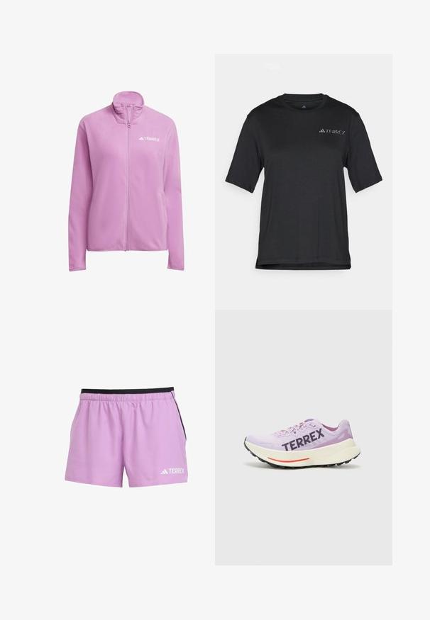 Veste en polaire rose avec col montant et fermeture éclair. Présente un logo sur la poitrine et des poches latérales. Texture douce et coupe décontractée.; T-shirt noir à manches courtes fabriqué en tissu léger. Il présente un col rond et un petit logo "TERREX" blanc sur la poitrine.; Shorts de sport violets clairs avec une ceinture élastique noire, des poches latérales et un logo "TERREX" blanc en bas à gauche.; Chaussure de course violette avec tige en maille respirante, logo "TERREX" en évidence, semelle intermédiaire blanche et semelle extérieure en caoutchouc noir avec accents rouges.