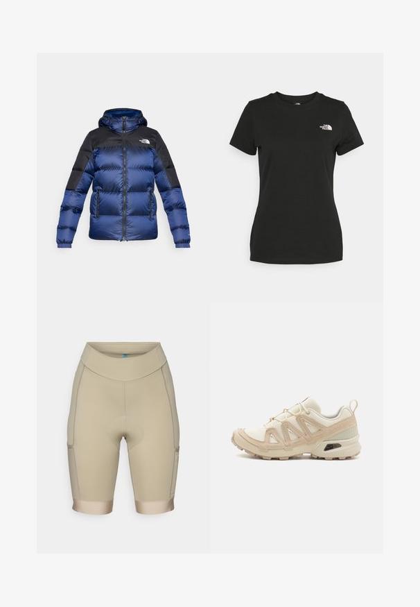 Kék és fekete puffertáska kapuccsal, elől cipzárral, két elülső zsebbel és egy logóval a bal felső oldalon. Texturált szövet.; Fekete pamut póló, klasszikus nyakkivágással és rövid ujjakkal. Figyelemre méltó fehér logó a bal felső oldalon. Sima textúra, laza fazon.; Beige színű kerékpáros nadrág magas, sima derékkal, párnázott ülésrésszel és stílusos, selyemhez hasonló díszítéssel a lábakon. Oldalsó zsebekkel rendelkezik.; Beige és krém színű sportcipő, texturált hálós felsőrésszel, támogató burkolattal és gumitalppal, amely tapadás érdekében bordázott mintázattal rendelkezik.
