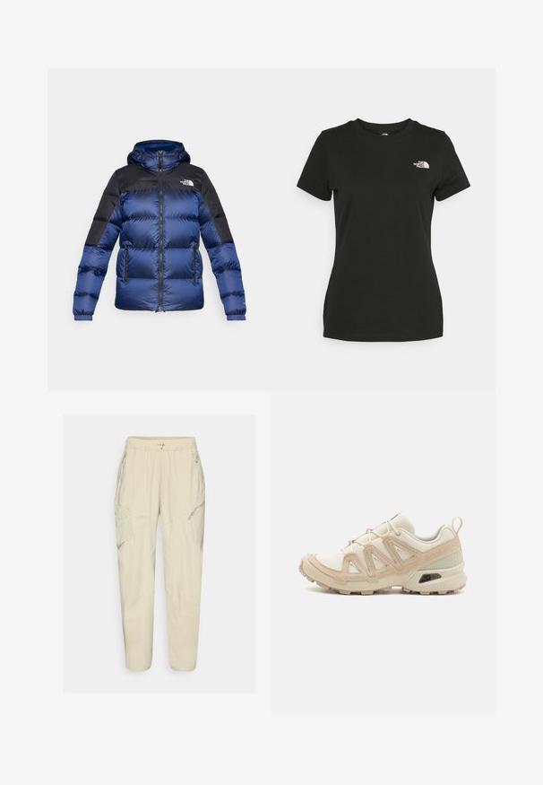 Modro-černá bunda do deště s kapucí, se zapínáním na zip, dvěma předními kapsami a logem na horní levé straně. Texturovaná látka.; Černé bavlněné tričko s kulatým výstřihem a krátkými rukávy. Výrazné bílé logo na horní levé straně. Hladká textura, ležérní střih.; Světlé béžové cargo kalhoty s elastickým pasem, zipovými kapsami a detailními panely. Vyrobené z hladké, lehké tkaniny.; Béžová a krémová sportovní obuv s texturovaným síťovaným svrškem, podpůrnými překryvy a gumovou podrážkou s dezénem pro lepší přilnavost.