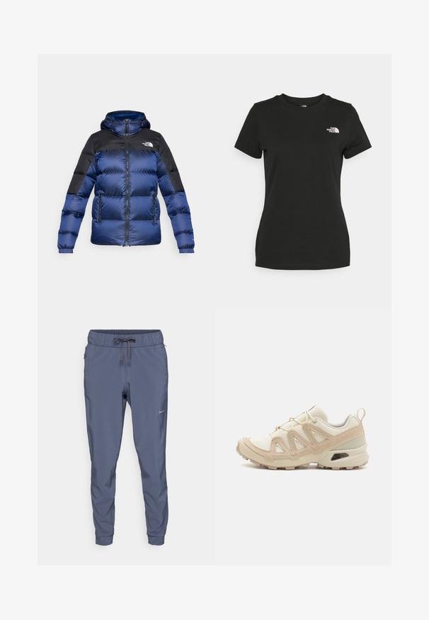 Modra in črna puffer jakna s kapuco, ki ima zadrgo na sprednji strani, dve sprednji žepi in logo na zgornji levi strani. Tekstilirana tkanina.; Črna bombažna majica s krožnim izrezom in kratkimi rokavi. Opazna bela oznaka na zgornji levi strani. Gladka tekstura, sproščen kroj.; Patagonia TERREBONNE JOGGERS - Hlače za na prostem - smolder blue; Bež in krem športni čevlji z teksturiranim mrežastim zgornjim delom, podpornimi prekrivali in gumijastim podplatom z vzorcem za oprijem.