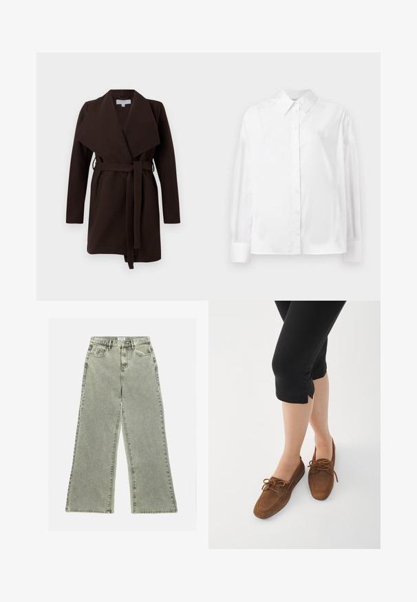 Bruin ceintuur jasje met een brede kraag, lange mouwen en een open voorkant. Gemaakt van zachte stof met een gladde textuur.; Witte langemouwige button-up shirt in een gladde katoenmix. Voorzien van een klassieke kraag, een knoopsluiting aan de voorkant en afgeronde manchetten.; Wijde jeans in lichtgrijs denim, met een hoge taille, voorzakken en een ruwe zoom. Geïnvesteerd textuur voegt visuele interesse toe.; Bruine suède instappers met een ronde neus, veters details en een lage profiel. Gecombineerd met zwarte cropped leggings tegen een witte achtergrond.