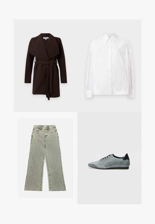 Brown belted coat with a wide collar, long sleeves, and an open front. Made from soft fabric with a smooth texture.; White long-sleeve button-up shirt in a smooth cotton blend. Features a classic collar, front button closure, and rounded cuffs.; Wide-leg jeans in light gray denim, featuring a high waist, front pockets, and a raw hem. Distressed texture adds visual interest.; Light gray leather sneaker with a sleek design, featuring stitched detailing, black laces, and a dark heel accent. Rubber sole.