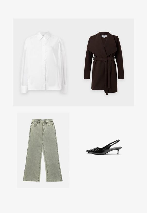 Pruun vööga mantel laia krae, pikkade varrukate ja avatud esiosaga. Valmistatud pehmest kangast, millel on sile tekstuur.; Valge pikka varrukat nuppude jaotuse särk, mis on valmistatud siledast puuvillasegust. Omab klassikalist krae, ees nuppude sulgemist ja ümarate mansettidega.; Heledad teksas, helehallid laiad püksid, kõrge vöökohaga, ees taskud ja toores äär. Kulunud tekstuur toob visuaalset huvi.; Musthave nahkased kõrged kontsad, millel on terav varvas, väike kitten-kont ja dekoratiivne sõlm ees. Ühtlane sile tekstuur.