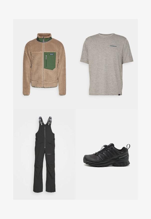 Béžová fleecová bunda s zelenou zipsovou kapsou, vysokým golierom a predným zipsovým zapínaním. Obsahuje štruktúrovaný povrch a elastické manžety.; Sivý tričko s krátkym rukávom vyrobené z jemnej, textúrovanej tkaniny, s malým modrým logom Patagonia na ľavej strane hrude. Žiadne ďalšie vzory.; Čierne nepremokavé pracovné nohavice s nastaviteľnými popruhmi, predným zipsom a viacerými vreckami, s vystuženými nohavicami pre vyššiu odolnosť.; Čierna športová obuv so štruktúrovaným syntetickým zvrškom, polstrovanou podrážkou a rýchlozaviazaním. Obsahuje zosilnenú špičku a pätu.