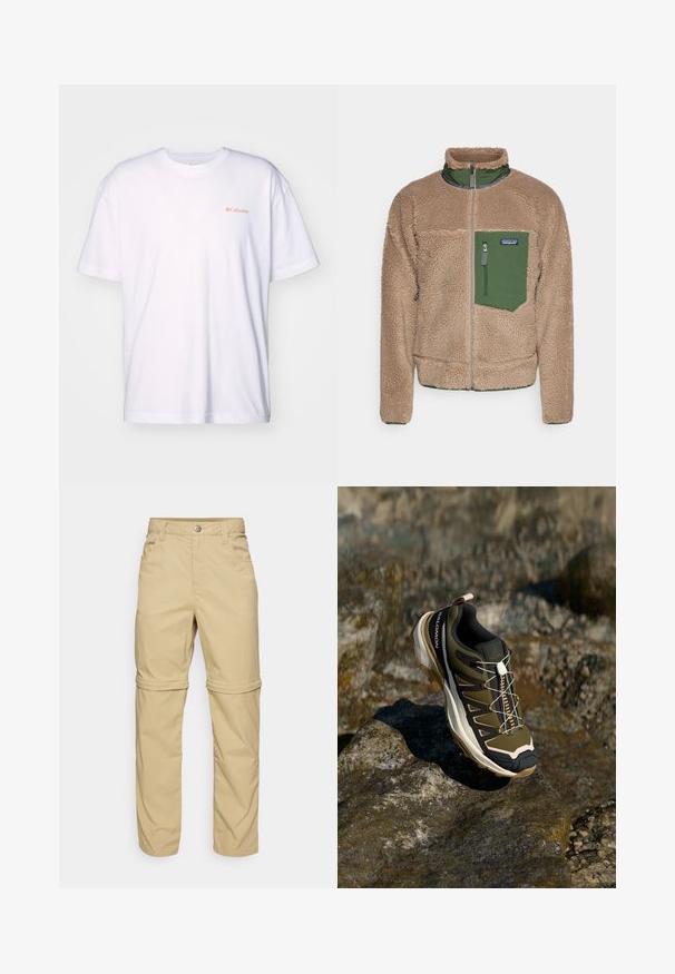 Beige fleecejakke med grønn glidelåslomme, høy krage og glidelås foran. Har teksturert overflate og elastiske mansjetter.; Columbia BLACK BUTTE™ GRAPHIC TEE - T-shirts med print - white; Beige avtakbare bukser med en glatt tekstur, som har to sidelommer, knappelukking og oppbrettede ermer for allsidighet.; Fjellsko i olivengrønn og svart med rosa detaljer. Har en teksturert overdel, fleksibel såle, forsterket tåhette og fargerik snøringssystem.