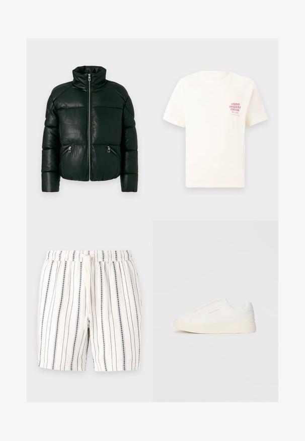 Svart skinnpuffjakke med høy krage, med en frontglidelås og to glidelåslommer på siden. Kviltet design med polstret tekstur.; Hvit T-skjorte med korte ermer og rød tekst "Studio Originals Edition" på venstre bryst, vist på en nøytral grå bakgrunn.; Hvite shorts med vertikale marineblå striper, elastisk midjebånd og snøring. Mykt materiale med et avslappet, lett design.; Hvite slip-on joggesko med teksturert overflate, tykk såle og minimalistisk design. Har merkevarelogo på siden.