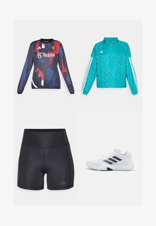 Tyrkysová bunda Adidas s květinovým vzorem, bílé třípruhé provedení na rukávech, zapínání na cvoky a límec na jednobarevném pozadí.; Dlouhý rukáv sportovního dresu v tmavě námořnické barvě s abstraktními červenými a modrými vzory, s logem Manchester United a značkou "Tezos" na přední straně.; Černé sportovní šortky s vysokým pasem, hladkou texturou, plochými švy a jemným logem na spodní straně.; Bílé sportovní boty s vrškem ze síťoviny, třemi černými pruhy po stranách, texturovanými akcenty a odolnou gumovou podrážkou s kontrastní černou částí.