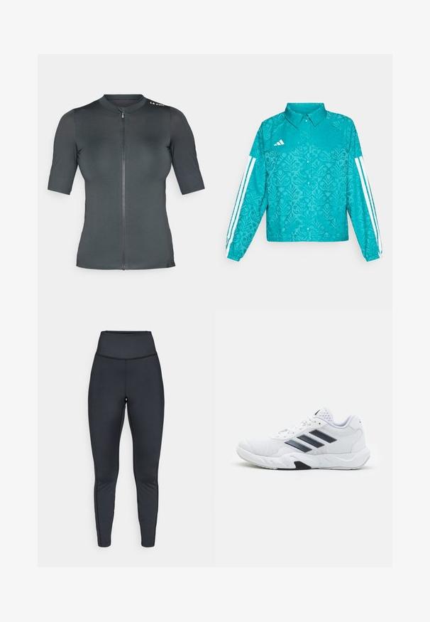 Tyrkysová bunda Adidas s květinovým vzorem, bílé třípruhé provedení na rukávech, zapínání na cvoky a límec na jednobarevném pozadí.; Cyklistický dres s krátkým rukávem v tmavě šedé barvě. Obsahuje přední zip a texturovanou látku, s zaobleným límcem a logem na rameni.; Černé sportovní legíny s vysokým pasem a plochými švy, navržené pro těsný střih a flexibilitu.; Bílé sportovní boty s vrškem ze síťoviny, třemi černými pruhy po stranách, texturovanými akcenty a odolnou gumovou podrážkou s kontrastní černou částí.
