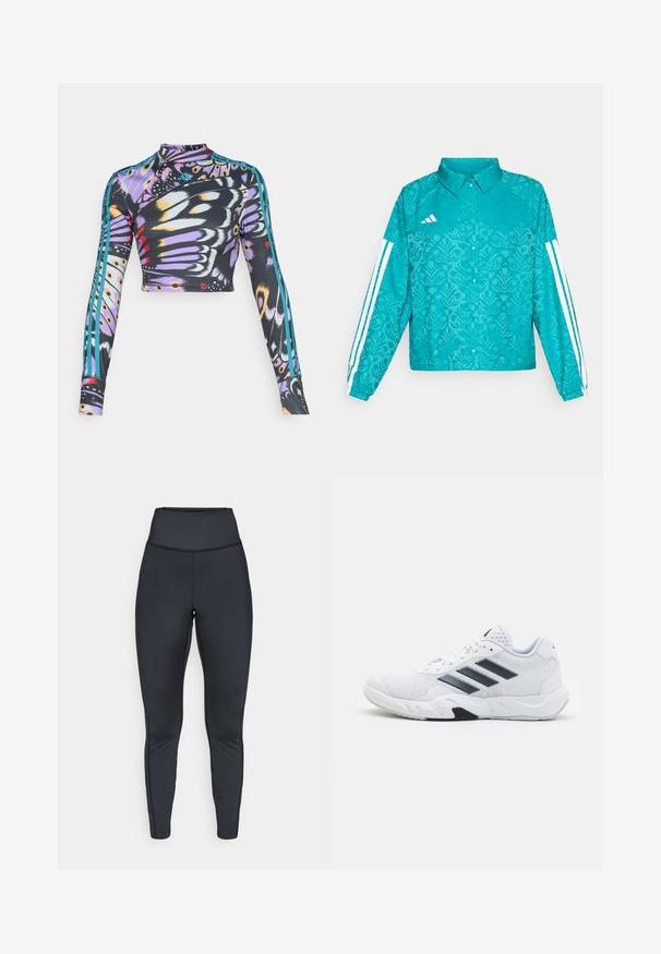 Τζάκετ Adidas σε τυρκουάζ χρώμα με λουλουδάτο μοτίβο, λευκό σχέδιο με τρεις ρίγες στα μανίκια, μπροστινό κλείσιμο με κουμπιά και γιακά σε απλό φόντο.; Μακρυμάνικη, κοντή αθλητική μπλούζα με πολύχρωμο μοτίβο από φτερά πεταλούδας και τυρκουάζ λεπτομέρειες με τρεις ρίγες στα μανίκια.; Μαύρο αθλητικό κολάν ψηλής μέσης με επίπεδες ραφές, σχεδιασμένο για σφιχτή εφαρμογή και ευκαμψία.; Λευκό αθλητικό παπούτσι με πλέγμα στην άνω επιφάνεια, τρεις μαύρες ρίγες στο πλάι, υφές με αντίθεση, και ανθεκτική καουτσούκ σόλα με μια αντιπαραβαλλόμενη μαύρη περιοχή.