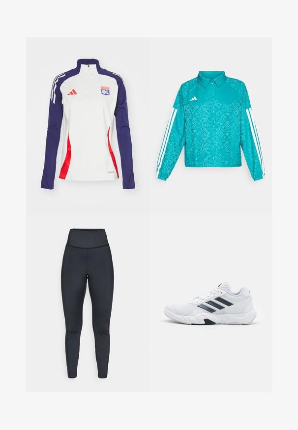 Giacca Adidas teal con motivo floreale, design a tre strisce bianche sulle maniche, chiusura frontale a bottoni a pressione e colletto su sfondo semplice.; Jersey bianco a maniche lunghe con un alto colletto, maniche blu scuro, accenti rossi sui lati e logo Olympique Lyonnais sul petto. Presenta il marchio Adidas.; Leggings atletici neri a vita alta con cuciture piatte, progettati per una vestibilità aderente e flessibilità.; Scarpa sportiva bianca con tomaia in mesh, tre strisce nere sui lati, dettagli testurizzati e una suola in gomma robusta con una sezione nera a contrasto.