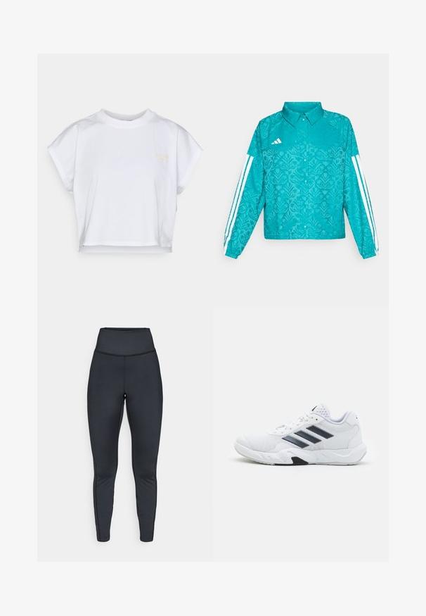 Türkiz Adidas dzseki virágmintával, fehér háromsávos dizájnnal az ujjakon, patentos elülső rész és gallér, sima háttér előtt.; Fehér, pamutból készült, rövid ujjú, kerek nyakú, cropped póló, az elején egy apró sárga logóval. Sima dizájn, minta nélkül.; Magas derékú fekete sport leggings lapos varrásokkal, szoros illeszkedésre és rugalmasságra tervezve.; Fehér sportcipő, hálós felsőrésszel, az oldalon három fekete csíkkal, textúrázott részletekkel és egy tartós gumi talppal, amelynek ellentétes fekete szakasza van.