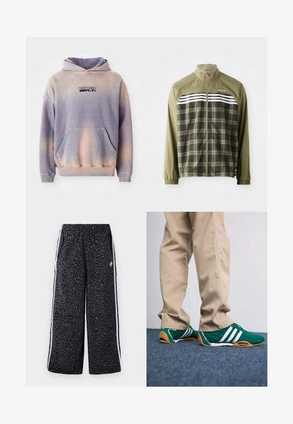 Žalios spalvos langelių vėjo kelnių striukė su užtrauktuku priekyje, elastiniais rankogaliais ir baltais dryžiais per krūtinę. Poliesterio medžiaga, lengvas dizainas.; Kapišoninė palaidinė purpurinės ir persikinės spalvų gradientu, pagaminta iš minkštos medžiagos. Turi priekinę kišenę ir juodą logotipą ant krūtinės.; adidas Originals GRAPHIC UNISEX - Treningo apatinė dalis - black; Žalios siūtos sportbačiai su baltais dryžiais ir rudomis guminėmis padais, derinami su smėlio spalvos kelnėmis. Dizainas pasižymi žemu profiliu ir tekstūruota medžiaga.