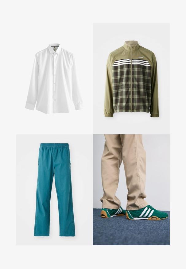 Giacca a vento a quadretti verdi con zip frontale, polsini elasticizzati e strisce bianche sul petto. Tessuto in poliestere, design leggero.; Camicia bianca a maniche lunghe in cotone, con colletto classico, chiusura frontale a bottoni e orlo dritto con polsini sui polsi.; Pantaloni color teal realizzati in tessuto leggero, dotati di una cintura elastica e di una vestibilità dritta con tasche laterali.; Sneakers verdi trapuntati con strisce bianche e suole in gomma marrone, abbinati a pantaloni beige. Il design presenta un profilo basso e un materiale testurizzato.