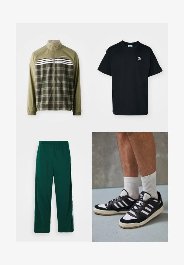 Πράσινη καρό αδιάβροχη ζακέτα με φερμουάρ στο μπροστινό μέρος, ελαστικούς καρπούς και λευκές ρίγες στο στήθος. Υφασμά από πολυεστέρα, ελαφριά κατασκευή.; Μαύρο βαμβακερό μπλουζάκι με στρογγυλή λαιμόκοψη και κοντά μανίκια, με ένα μικρό άσπρο λογότυπο Adidas στην αριστερή πλευρά του στήθους.; Πράσινοι, ελαφρείς παντελόνες με ελαστική μέση σε χαλαρή εφαρμογή. Διαθέτουν πλαϊνές τσέπες και λευκή ρίγα κατά μήκος των πλευρών.; Μαύρα και λευκά αθλητικά παπούτσια με άνω μέρος από σουέτ και δέρμα, featuring τρεις λευκές ρίγες, περατά δάχτυλα και σόλα από καουτσούκ τύπου γκαστ.