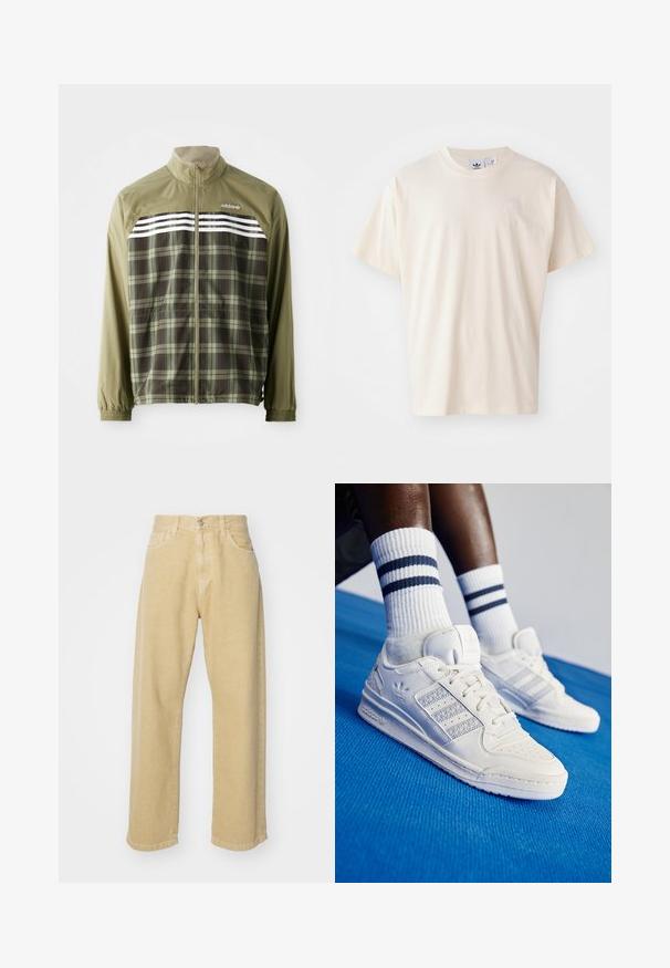Chaqueta cortavientos de cuadros verdes con cremallera frontal, puños elásticos y rayas blancas en el pecho. Tejido de poliéster, diseño ligero.; Camiseta de algodón color crema con cuello redondo y mangas cortas; presenta un pequeño logo de color claro en el pecho.; Pantalones de mezclilla beige con un diseño de pierna recta, que cuenta con cinco bolsillos, un cierre de botón y un acabado de dobladillo limpio. Textura suave.; Zapatillas de cuero blancas con acentos perforados, tres franjas metálicas y un panel lateral texturizado. Llevadas con calcetines blancos con rayas azules.