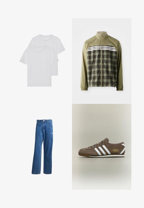 Zelena karo vjetrovka s patentnim zatvaračem, elastičnim manžetama i bijelim trakama preko prsa. Poliesterska tkanina, lagan dizajn.; Dva bijela pamučna majice s okruglim izrezom, kratkim rukavima i mekom teksturom. Obje imaju jednobojnu boju bez vidljivih uzoraka ili dodataka.; Plave farmerke visokog struka sa širokim nogavicama, prednjim džepovima, petljama za remen, zatvaranjem na dugme i malim Adidas logotipom na desnom bedrima.; Smeđi tenis s antilopom i tri bijele pruge, ravnim gumenim potplatom, okruglim vrhom i zlatnim logotipom "adidas Italia" sa strane.